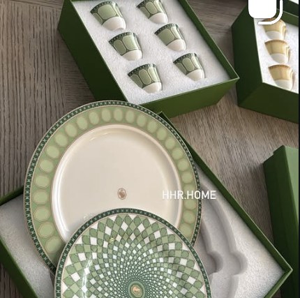 A sage and cream HHR Home dinner plate set, boxed